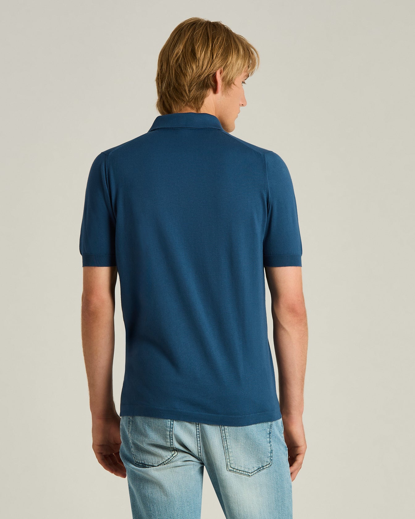 Pure Cotton Blue Polo Shirt Avio with Mother of Pearl Buttons3
