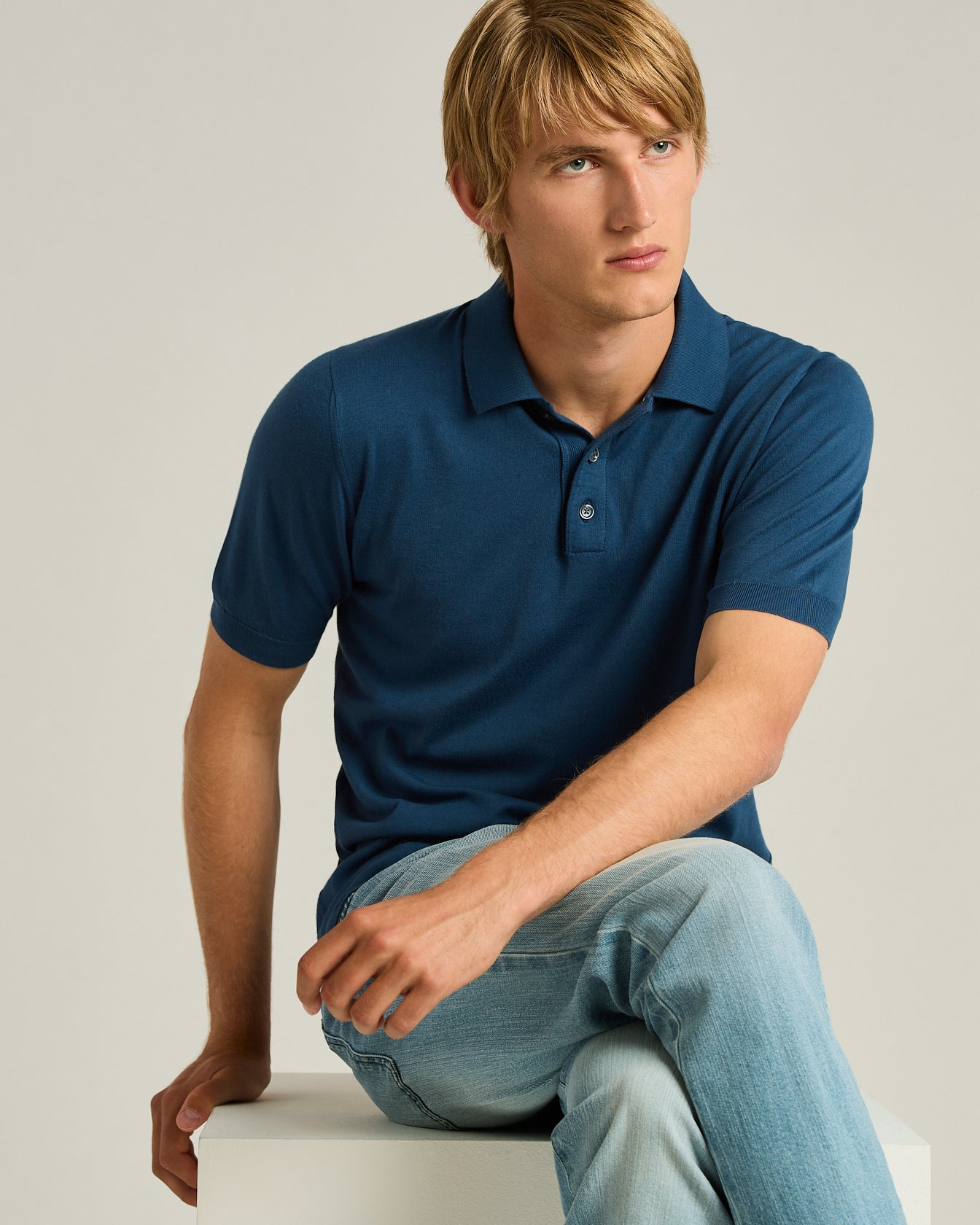 Pure Cotton Blue Polo Shirt Avio with Mother of Pearl Buttons4