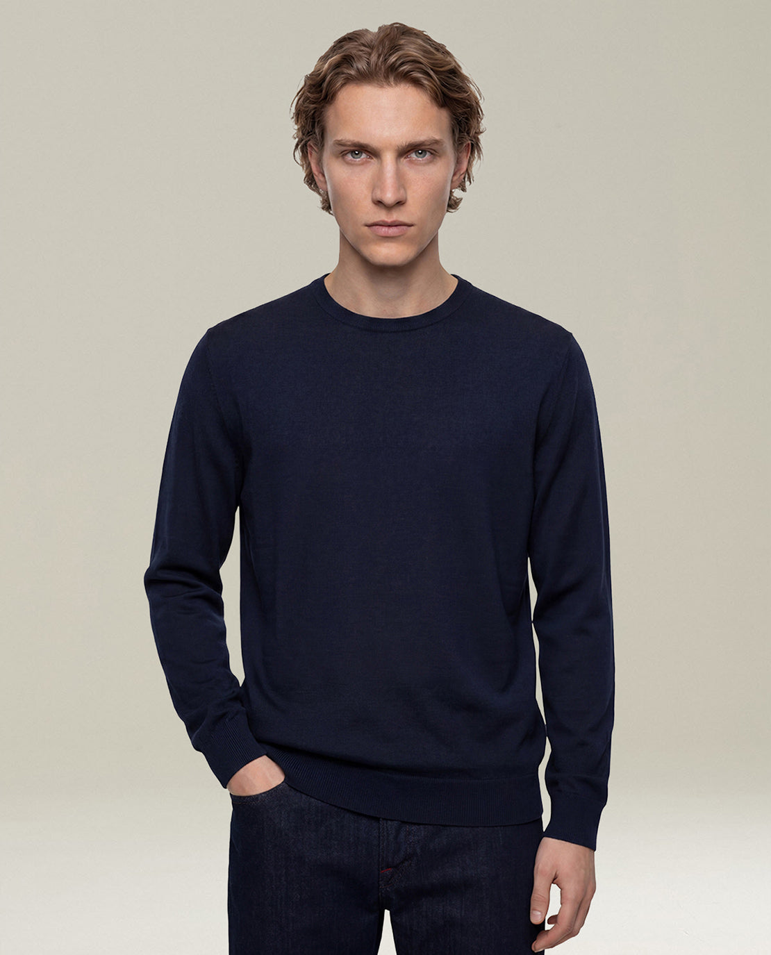 NAVY BLUE 14-MICRON WOOL CREW-NECK SWEATER