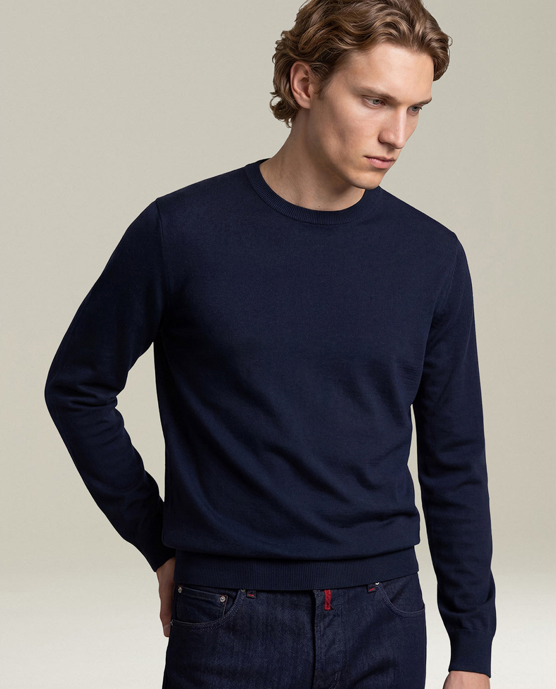 NAVY BLUE 14-MICRON WOOL CREW-NECK SWEATER