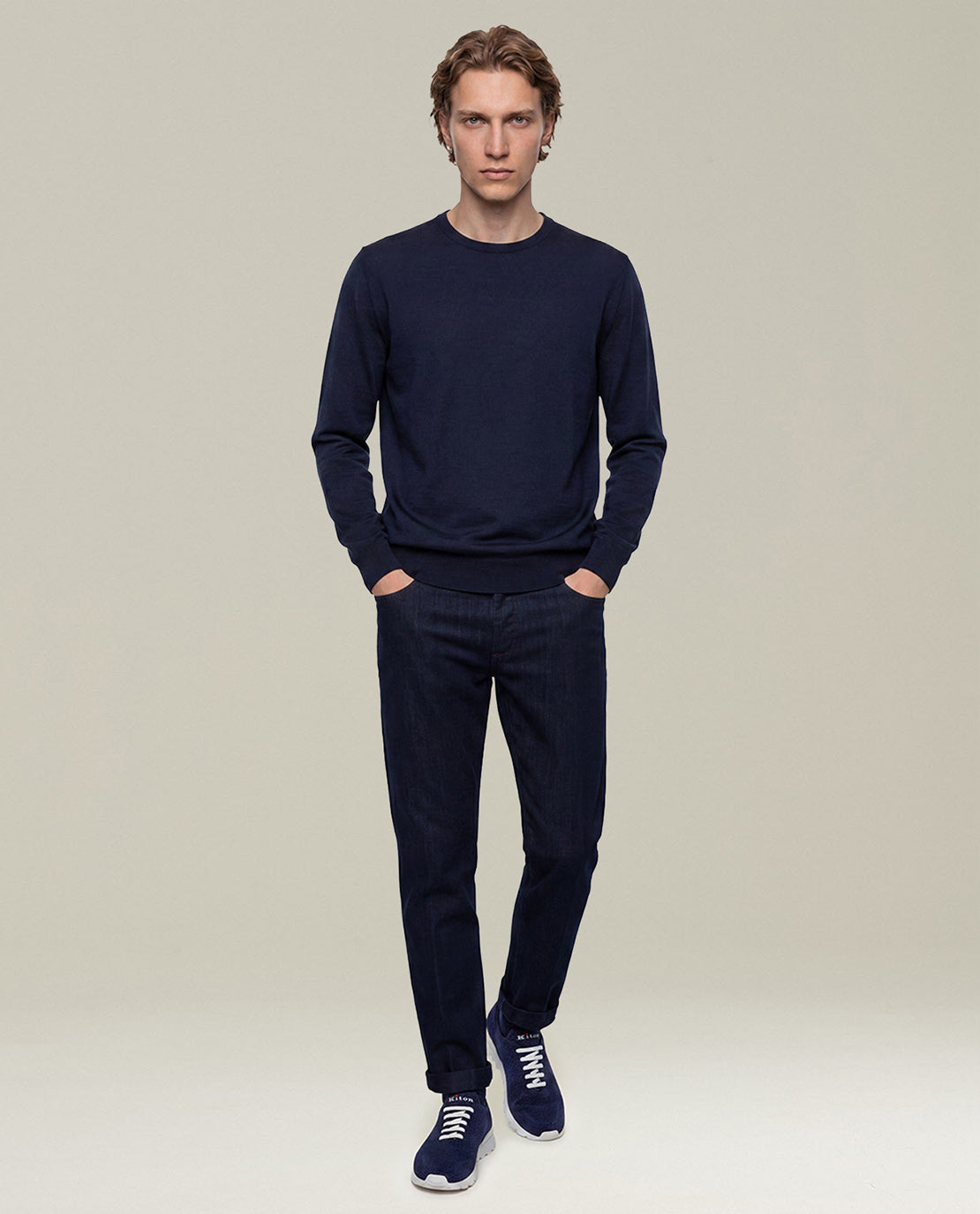 NAVY BLUE 14-MICRON WOOL CREW-NECK SWEATER