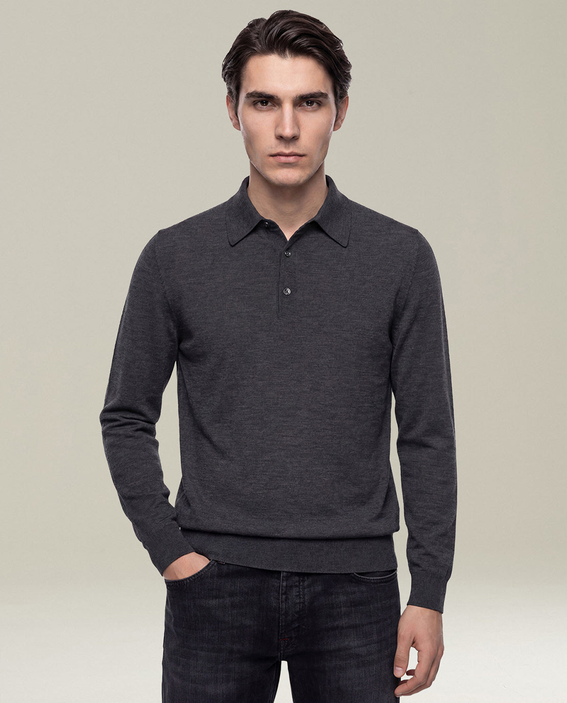 CHARCOAL GREY 14-MICRON WOOL LONG-SLEEVED POLO SHIRT