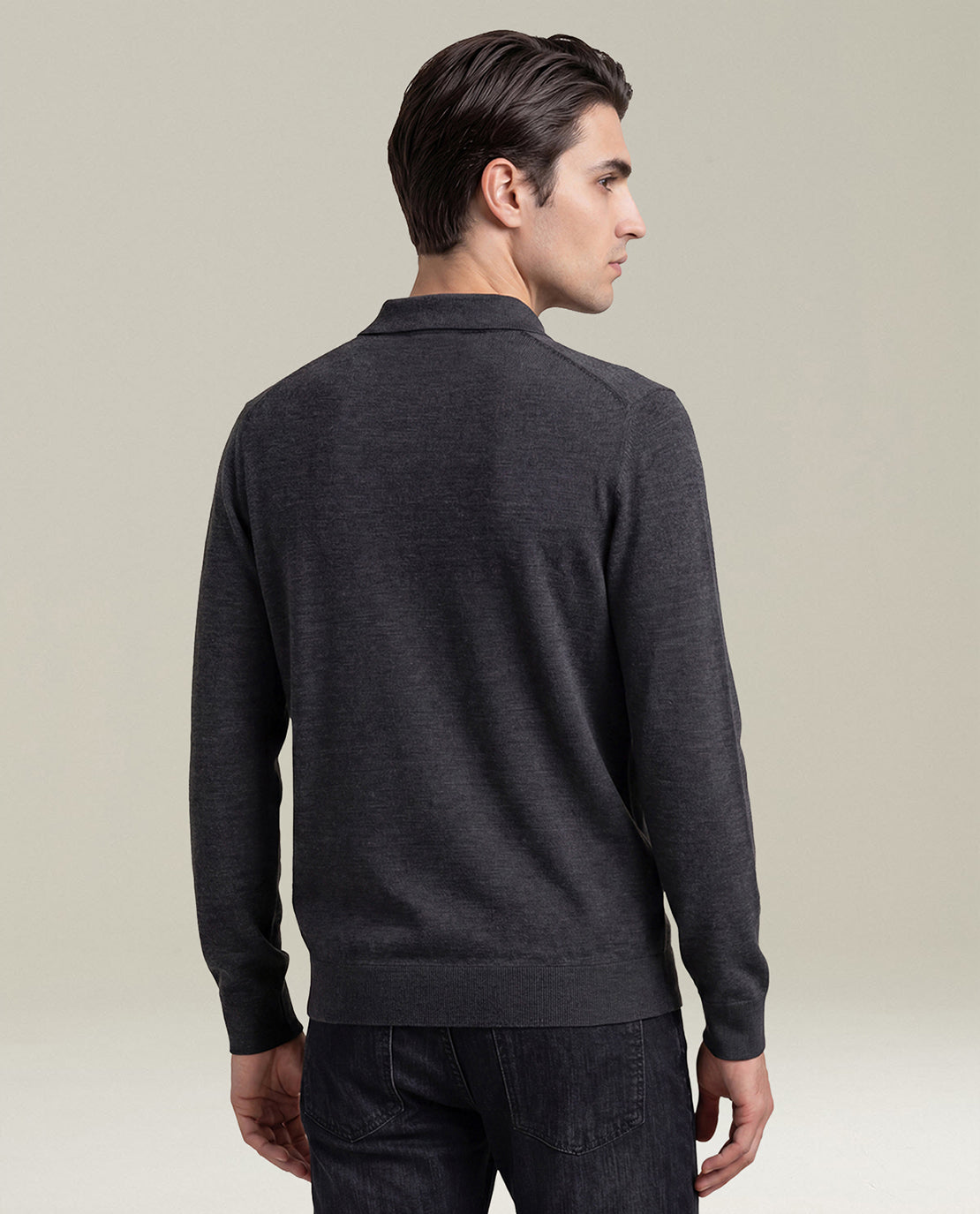 CHARCOAL GREY 14-MICRON WOOL LONG-SLEEVED POLO SHIRT