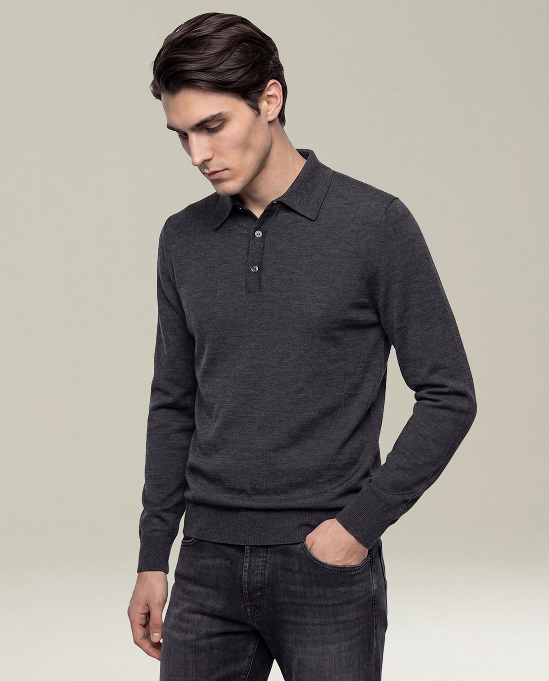 CHARCOAL GREY 14-MICRON WOOL LONG-SLEEVED POLO SHIRT