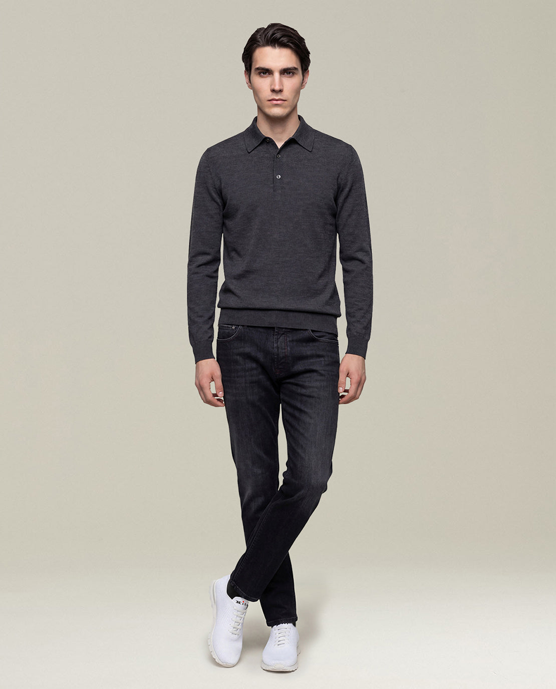 CHARCOAL GREY 14-MICRON WOOL LONG-SLEEVED POLO SHIRT