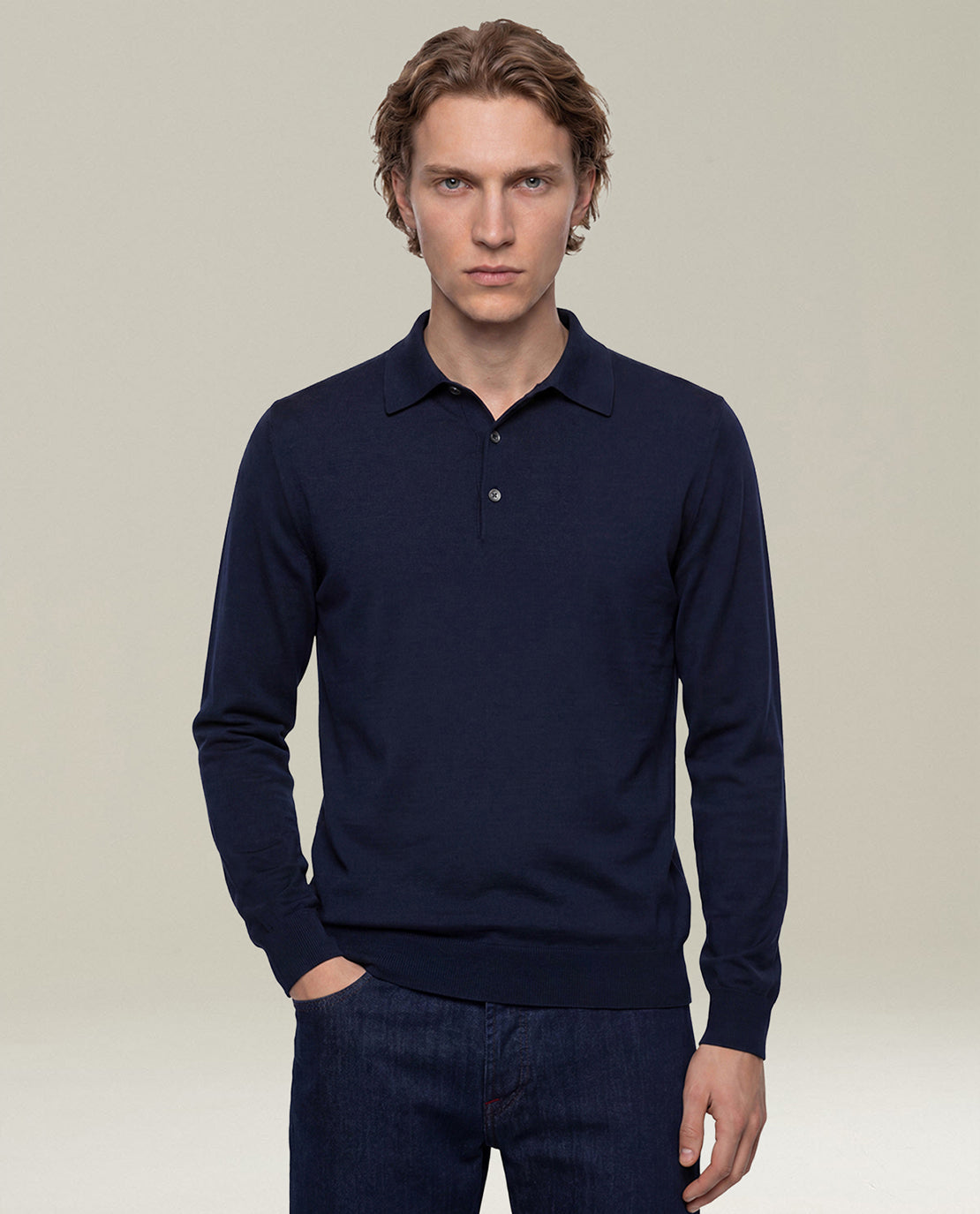 NAVY BLUE 14-MICRON WOOL LONG-SLEEVED POLO SHIRT