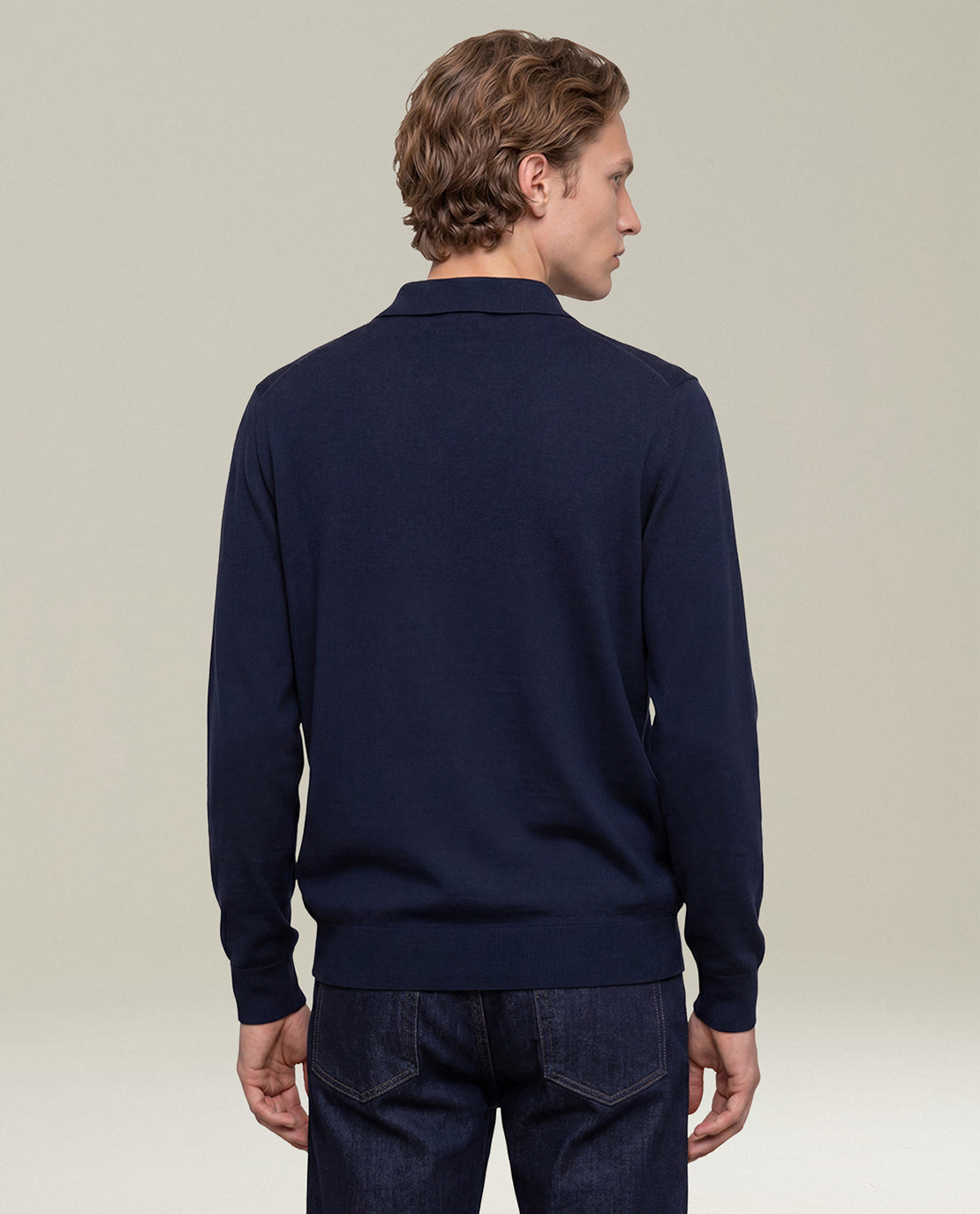 NAVY BLUE 14-MICRON WOOL LONG-SLEEVED POLO SHIRT