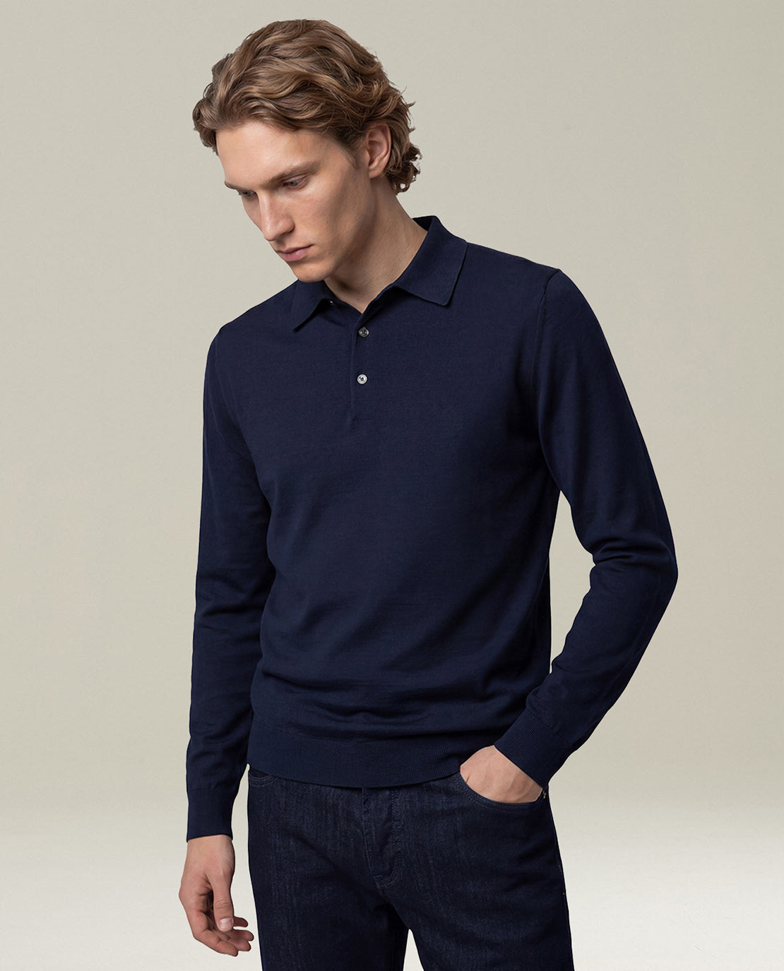 NAVY BLUE 14-MICRON WOOL LONG-SLEEVED POLO SHIRT