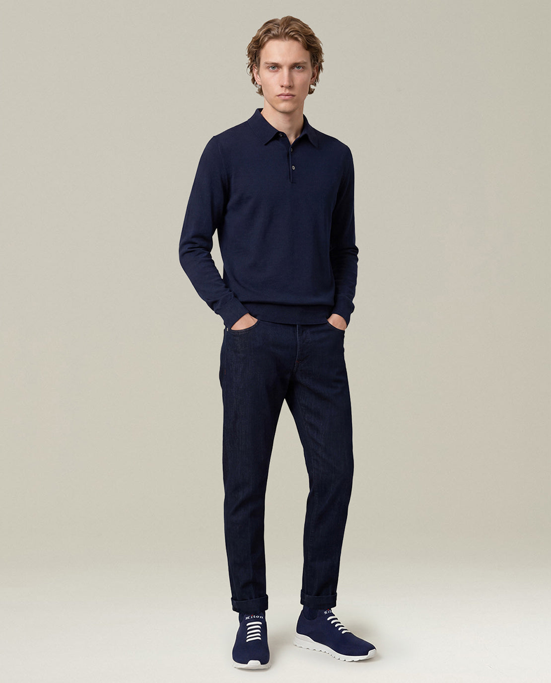 NAVY BLUE 14-MICRON WOOL LONG-SLEEVED POLO SHIRT