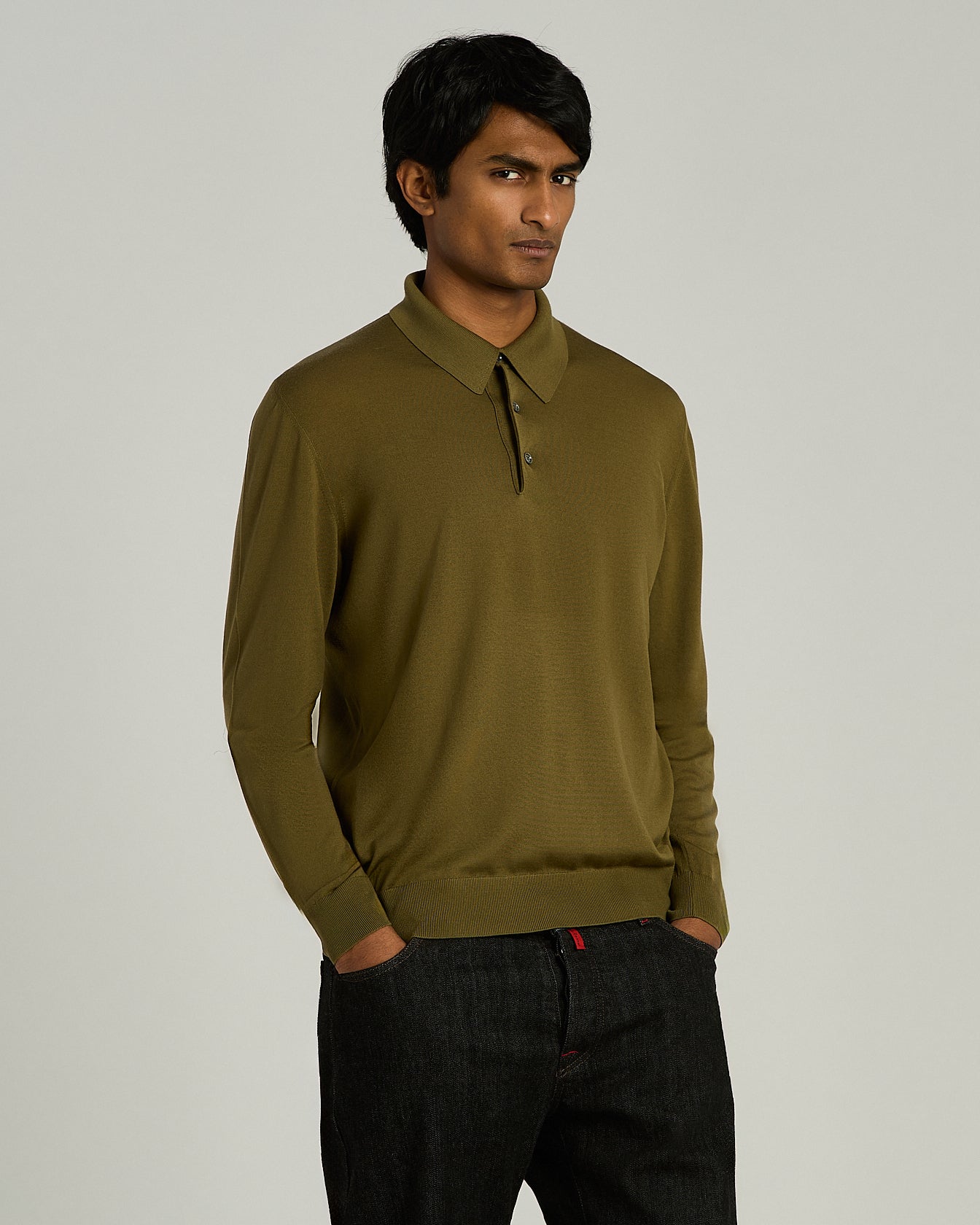 OLIVE GREEN EXTRA FINE WOOL LONG-SLEEVED POLO SHIRT