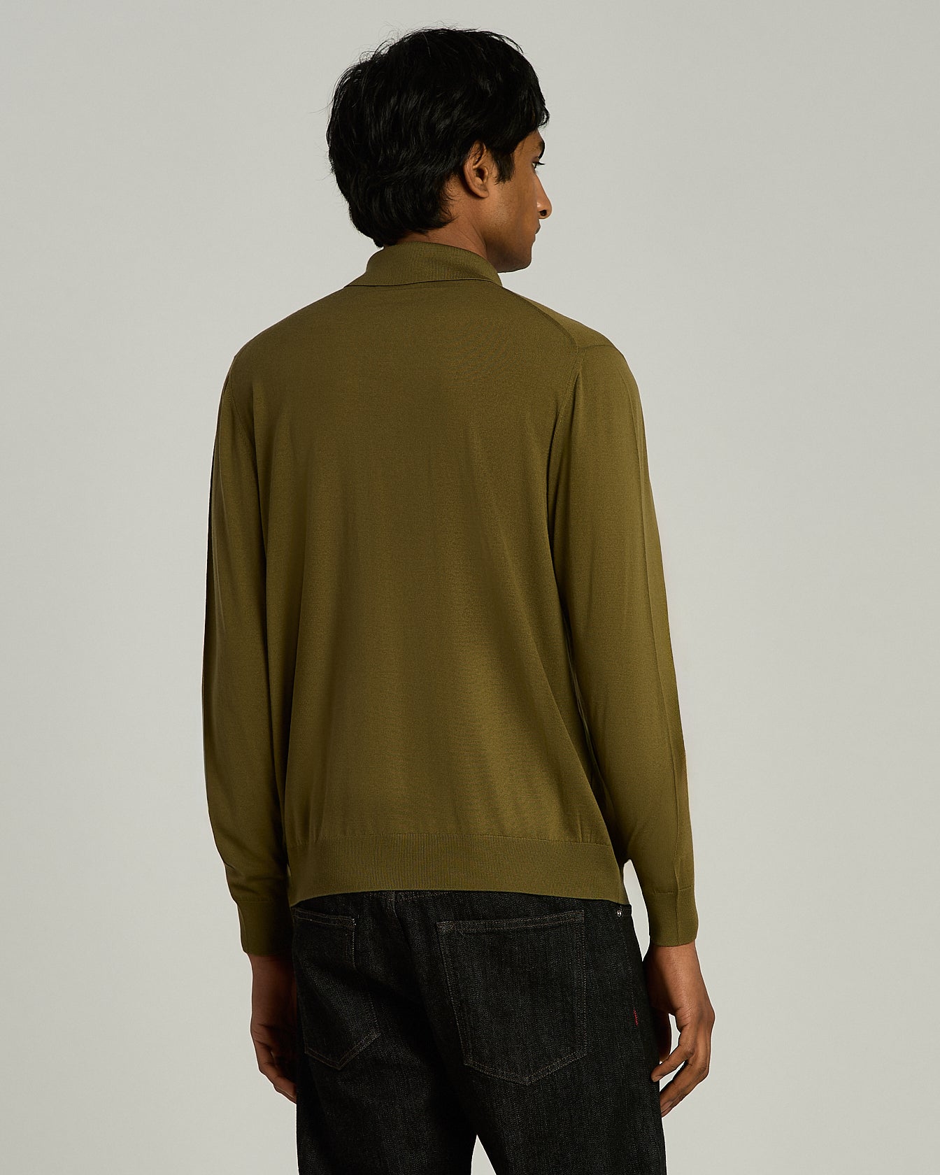 OLIVE GREEN EXTRA FINE WOOL LONG-SLEEVED POLO SHIRT