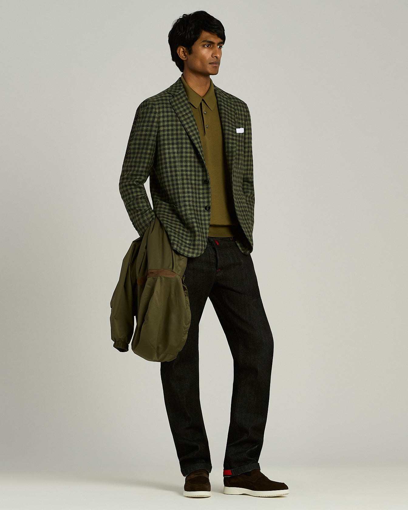 OLIVE GREEN EXTRA FINE WOOL LONG-SLEEVED POLO SHIRT