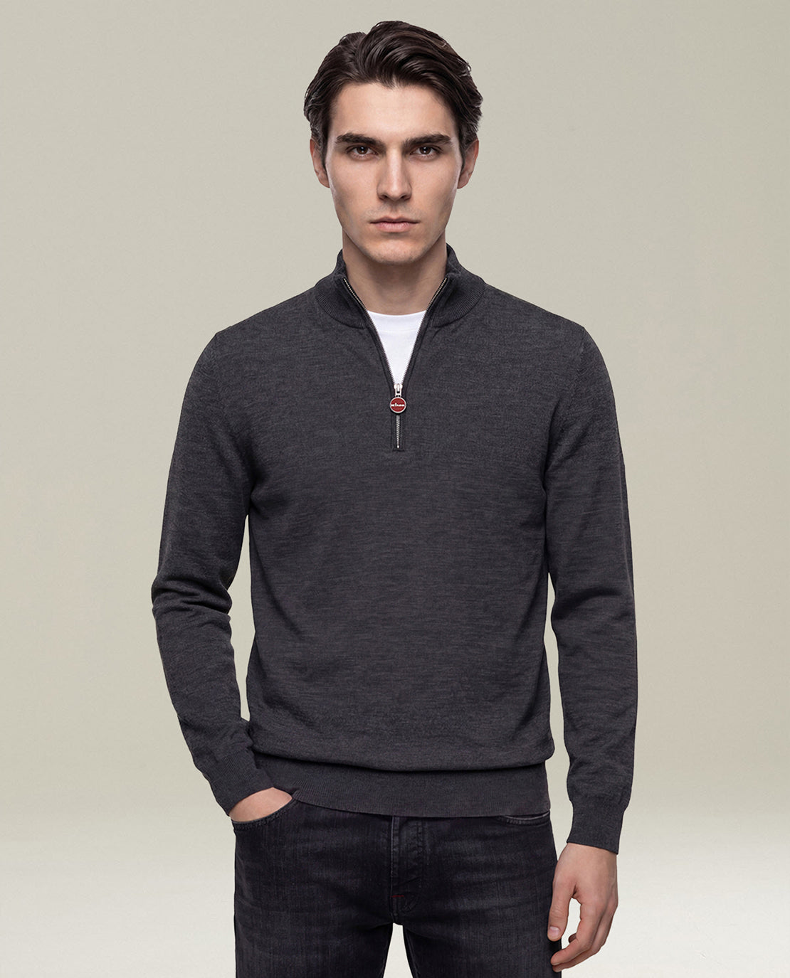 CHARCOAL GREY WOOL MOCK-NECK SWEATER