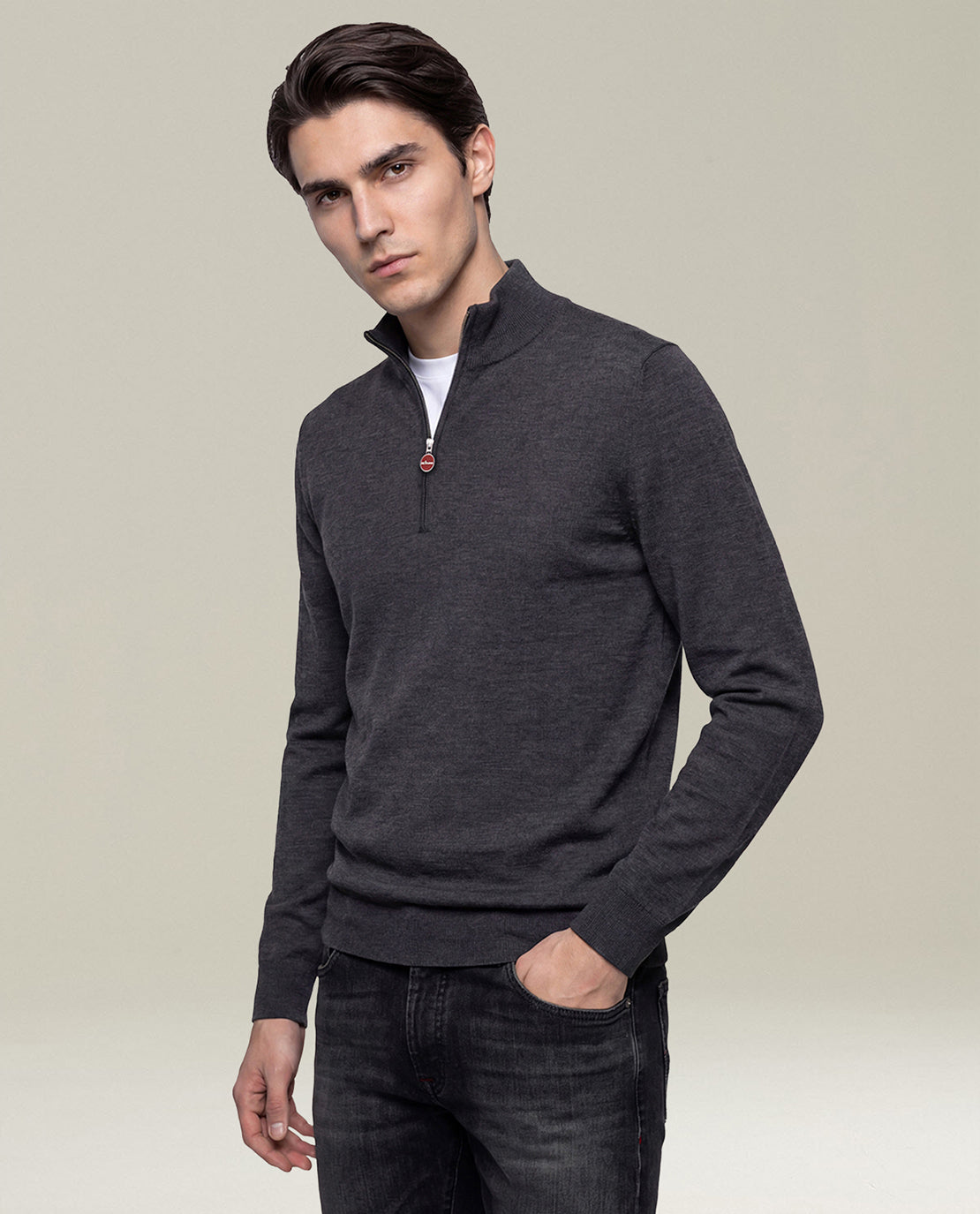 CHARCOAL GREY WOOL MOCK-NECK SWEATER