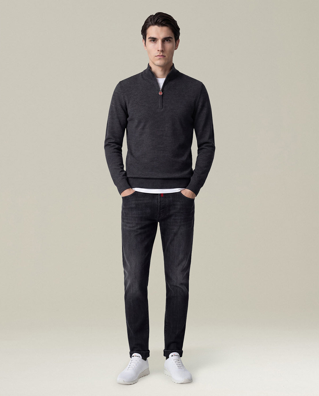 CHARCOAL GREY WOOL MOCK-NECK SWEATER