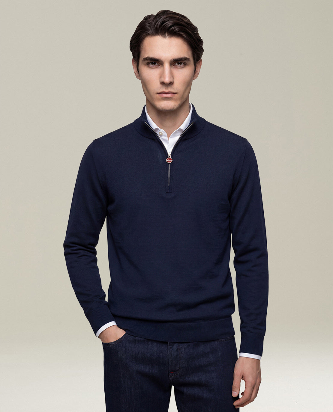 NAVY WOOL MOCK-NECK SWEATER