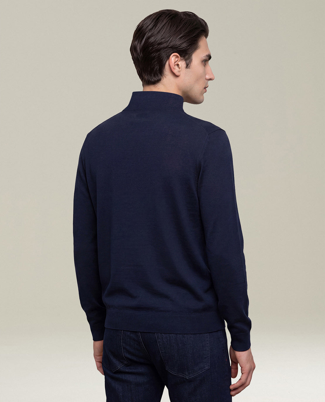 NAVY WOOL MOCK-NECK SWEATER