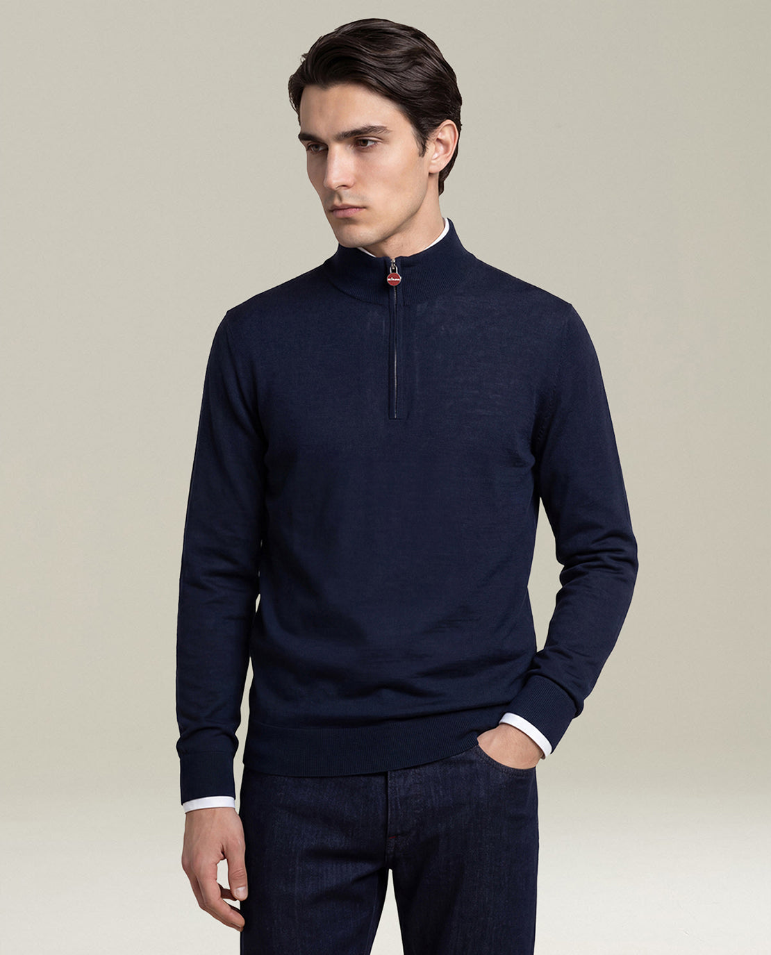 NAVY WOOL MOCK-NECK SWEATER