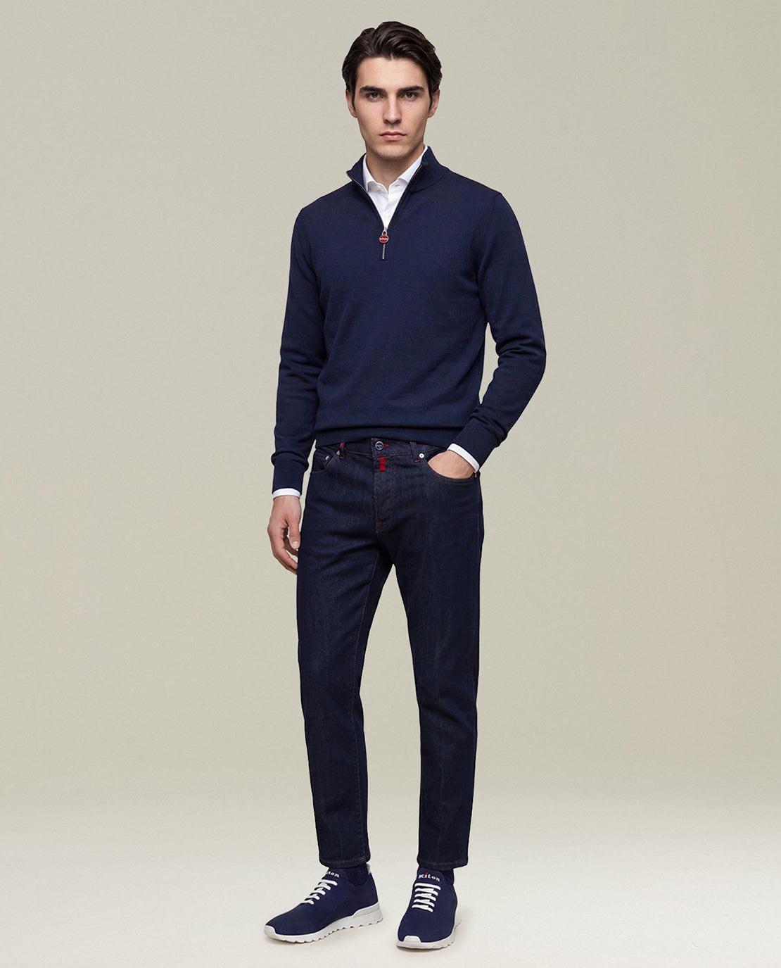 NAVY WOOL MOCK-NECK SWEATER