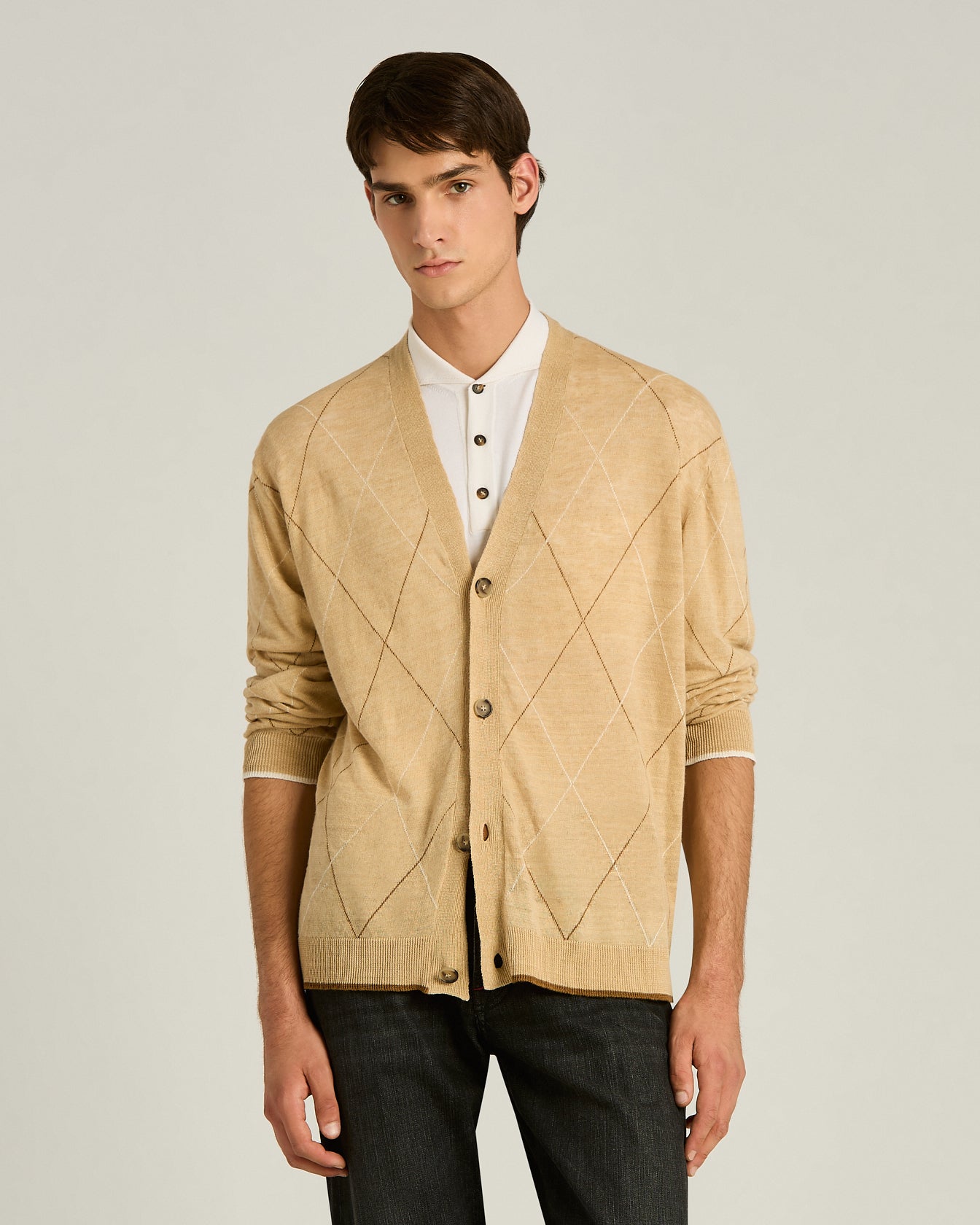 Men's beige diamond pattern pure linen cardigan | Kiton