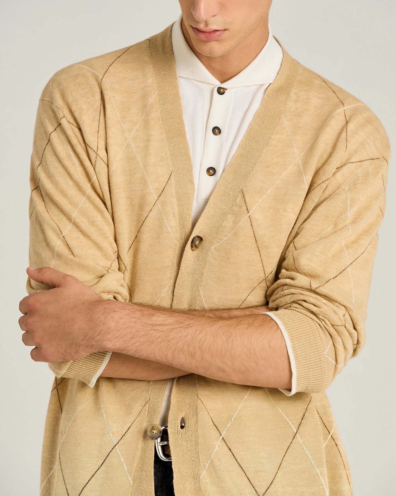 Men's beige diamond pattern pure linen cardigan | Kiton