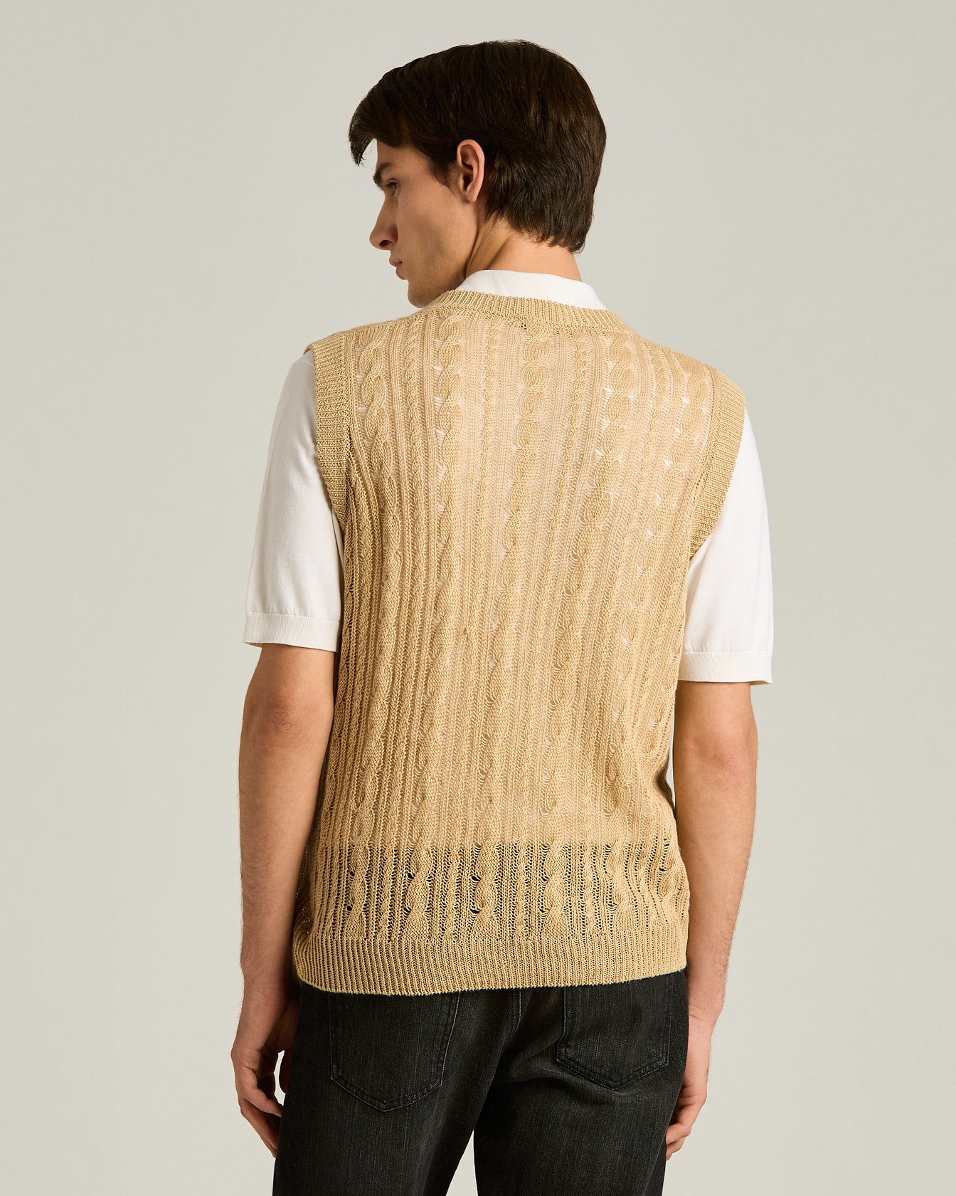 PURE LINEN CABLE KNIT V-NECK SWEATER