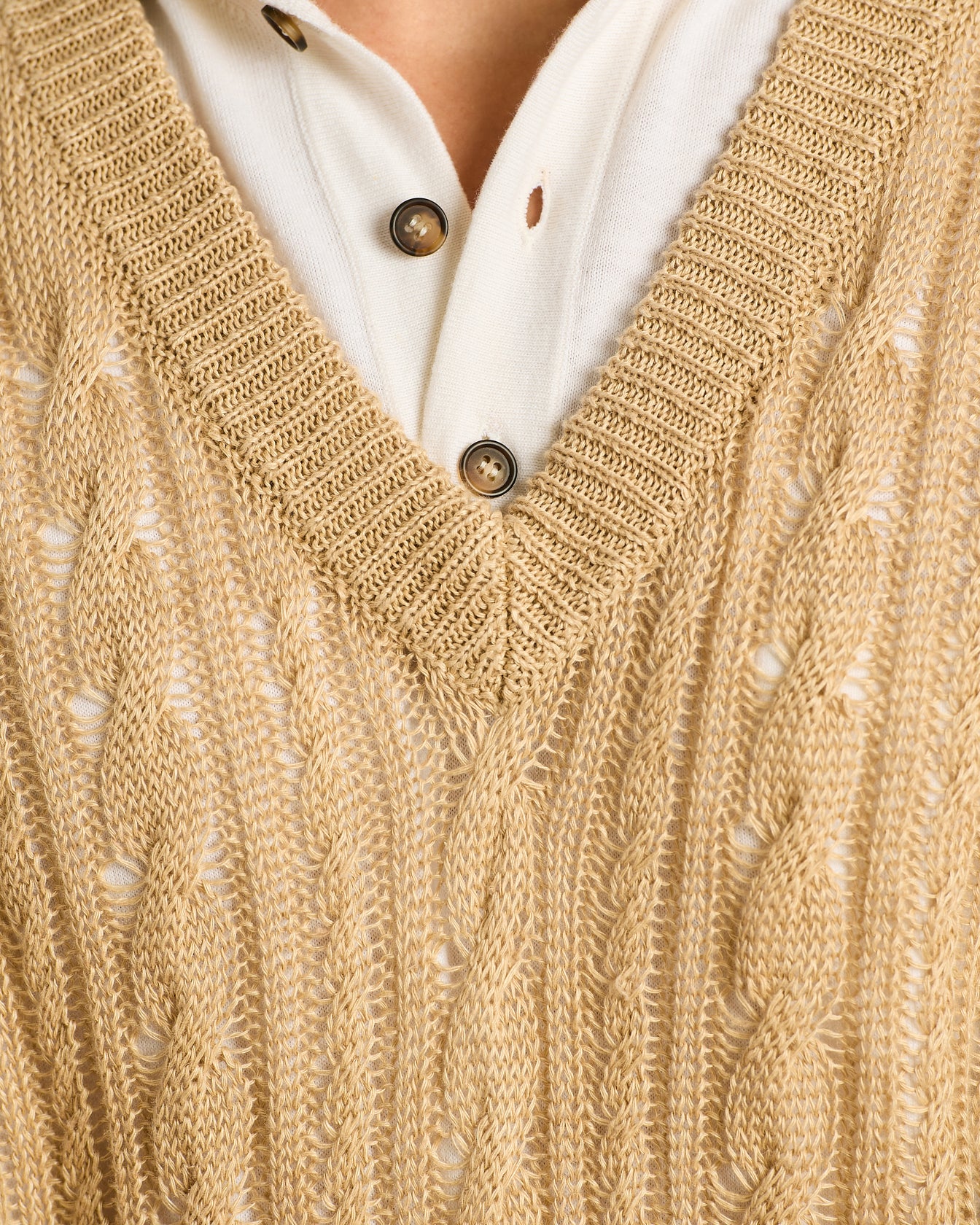 PURE LINEN CABLE KNIT V-NECK SWEATER