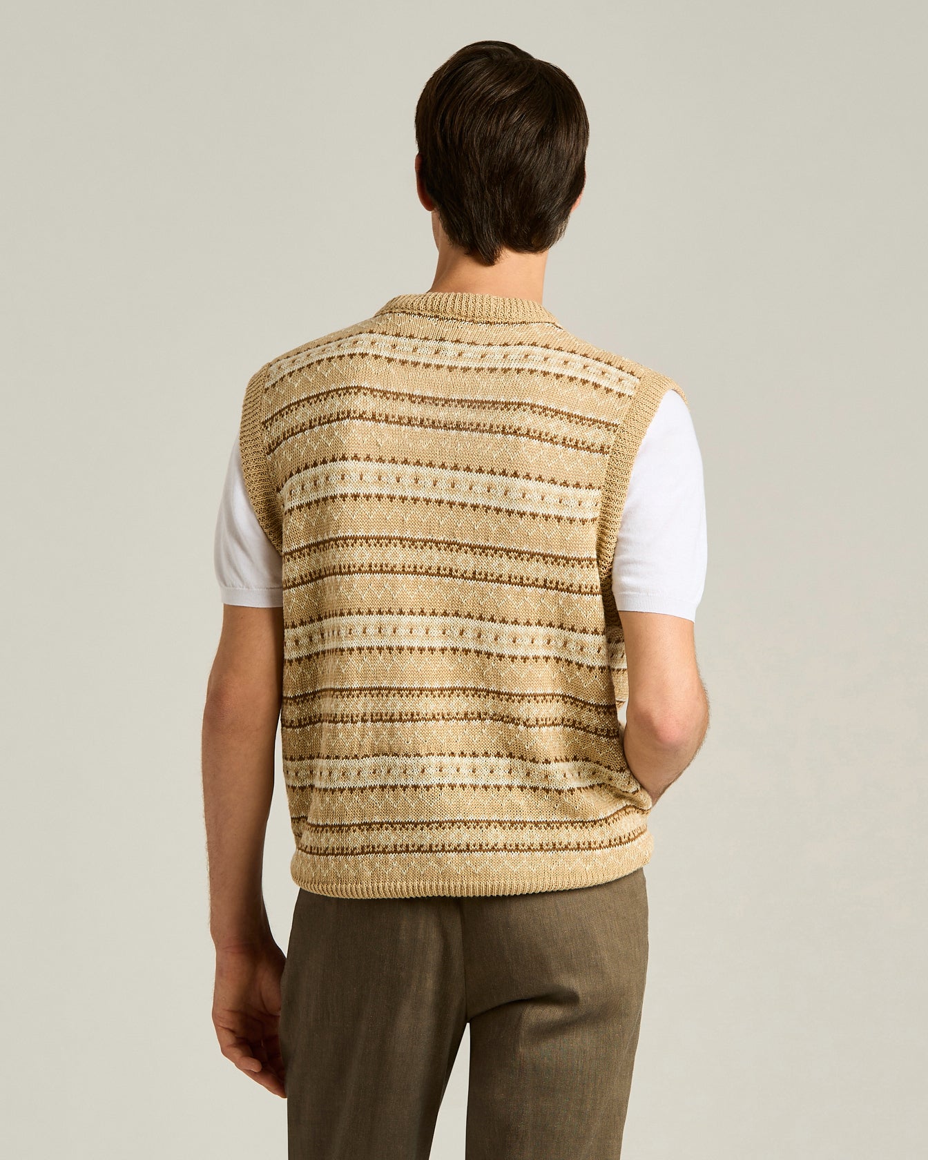 Men's beige/brown pure linen V-neck sweater vest | Kiton