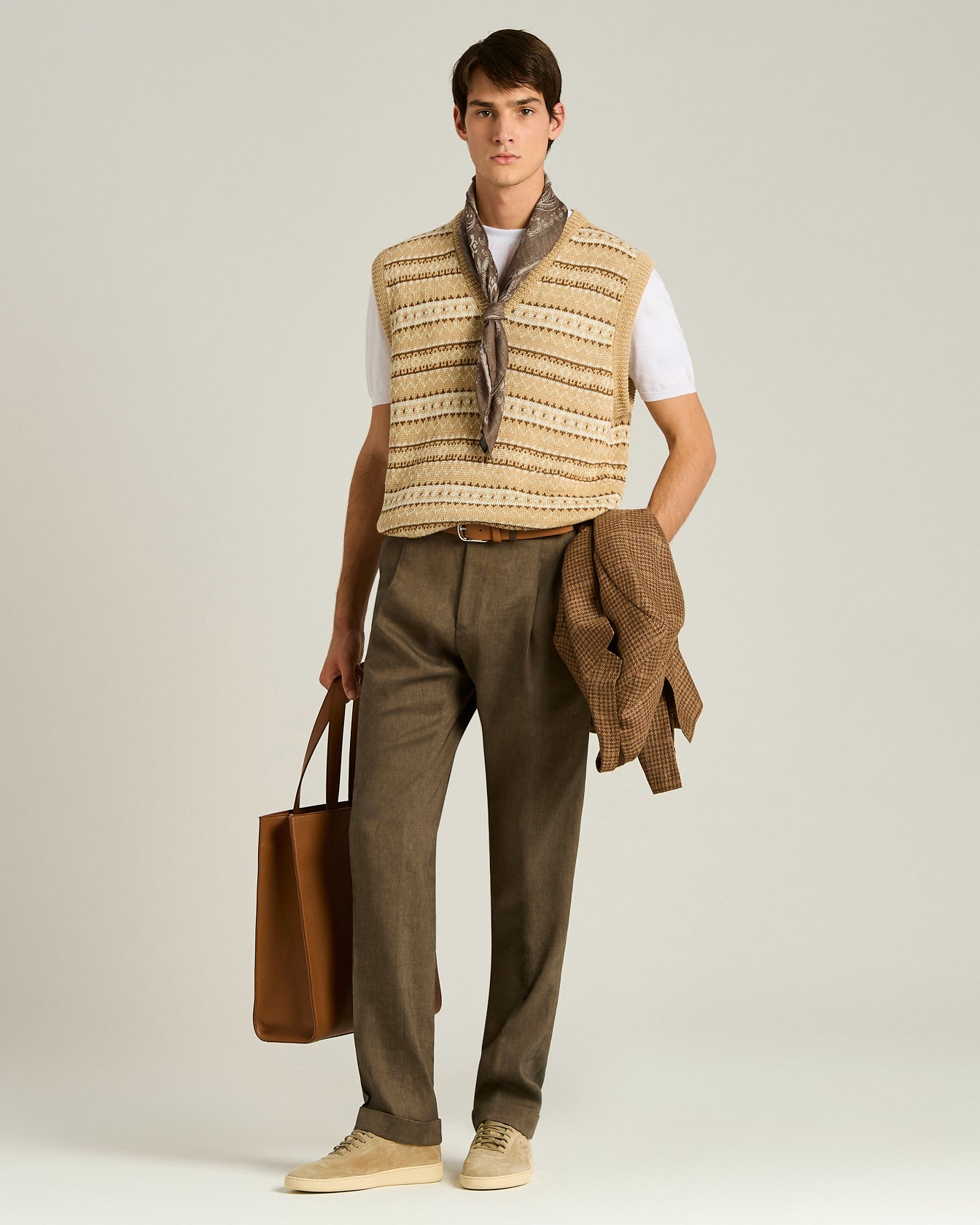 Men's beige/brown pure linen V-neck sweater vest | Kiton