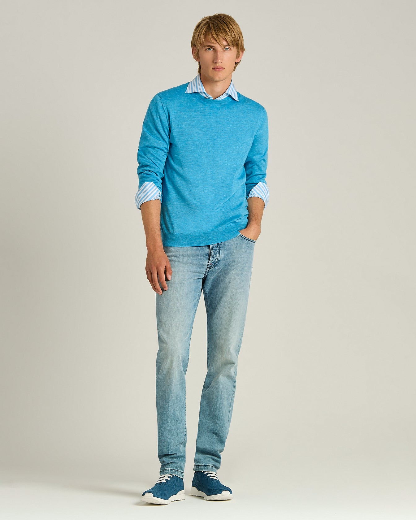 SILK, CASHMERE AND LINEN BLEND CREW NECK SWEATER