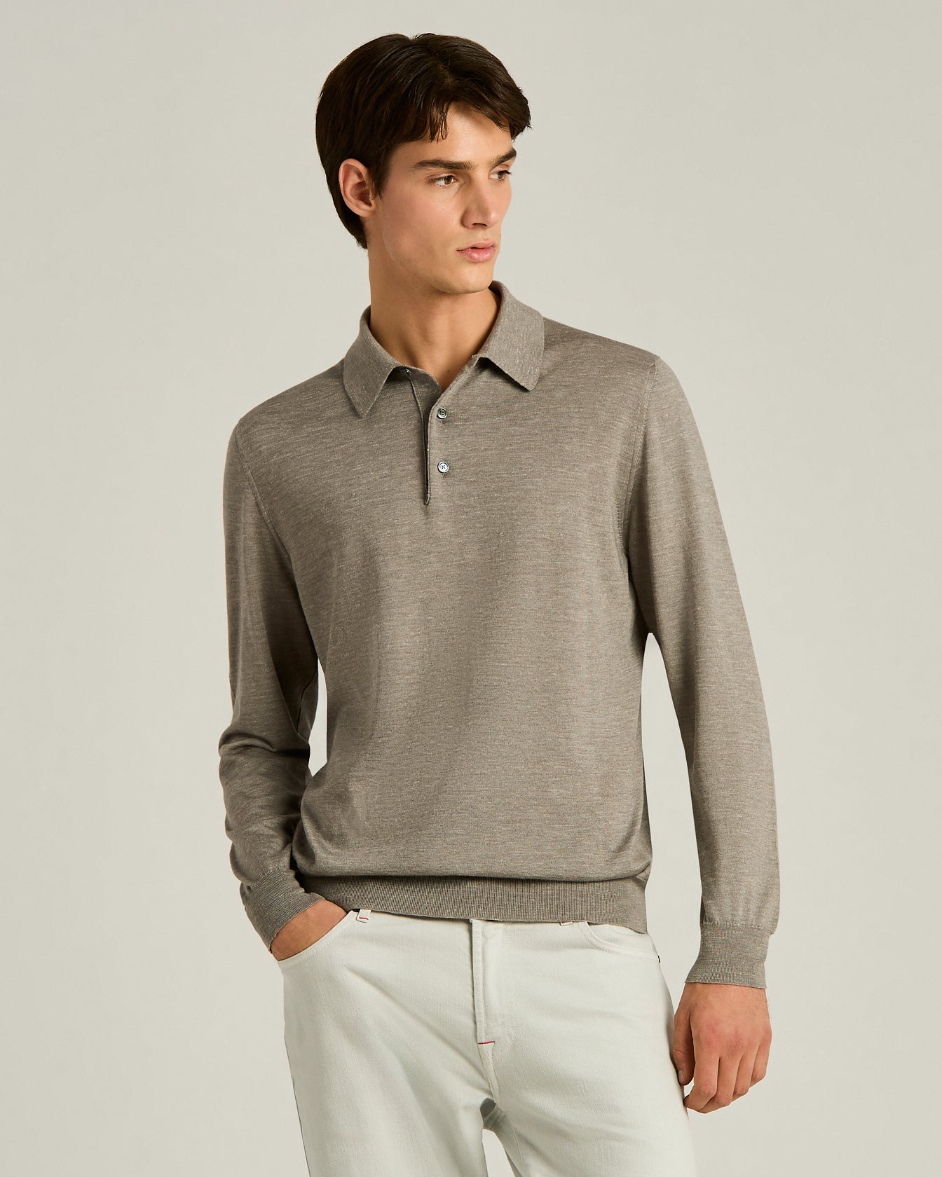 トップス BOUTIQUE LONG SLEEVE KNIT POLO SHIRT Men's lightweight knit long-sleeved bright grey polo shirt | Kiton