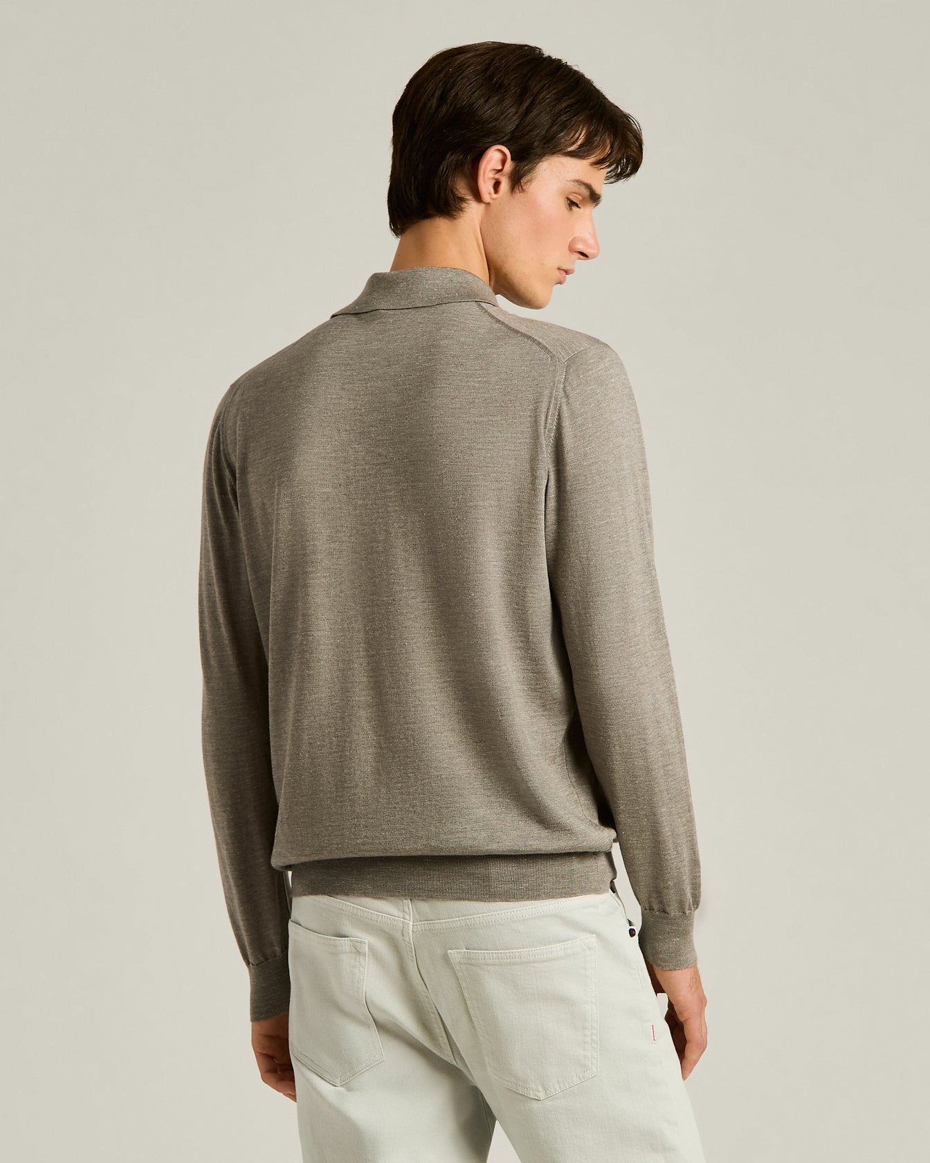 Men's lightweight knit long-sleeved bright grey polo shirt | Kiton