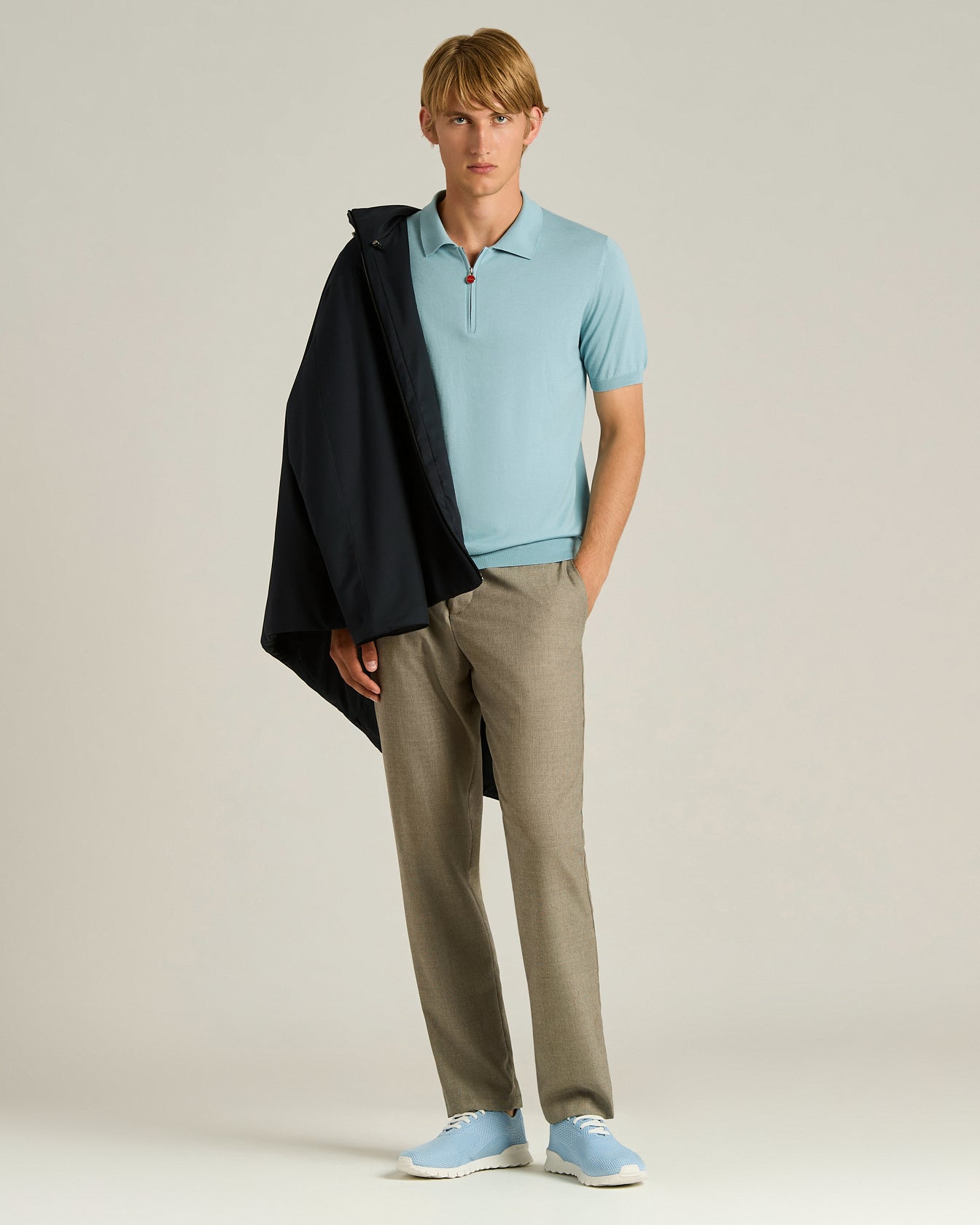 Pure Cotton Zipped Polo Shirt Powder Blue5
