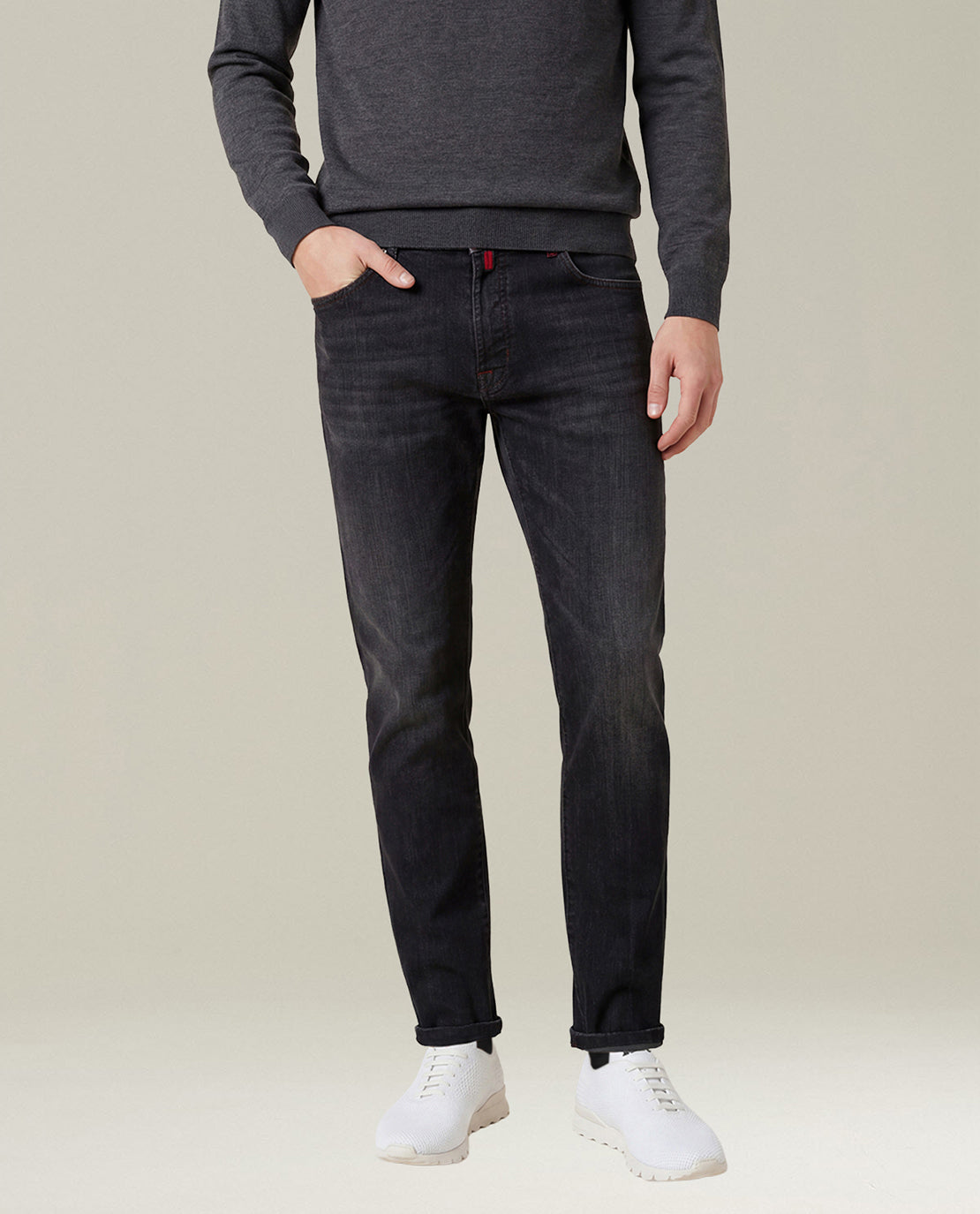 WASHED BLACK STRETCH DENIM FIVE-POCKET JEANS