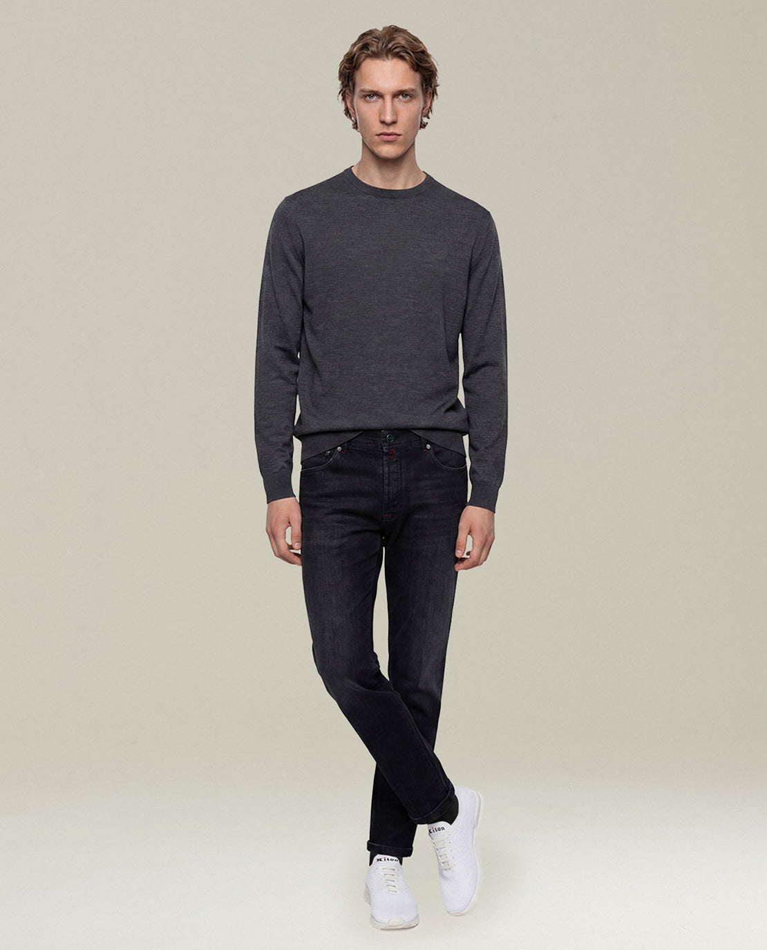 WASHED BLACK STRETCH DENIM FIVE-POCKET JEANS