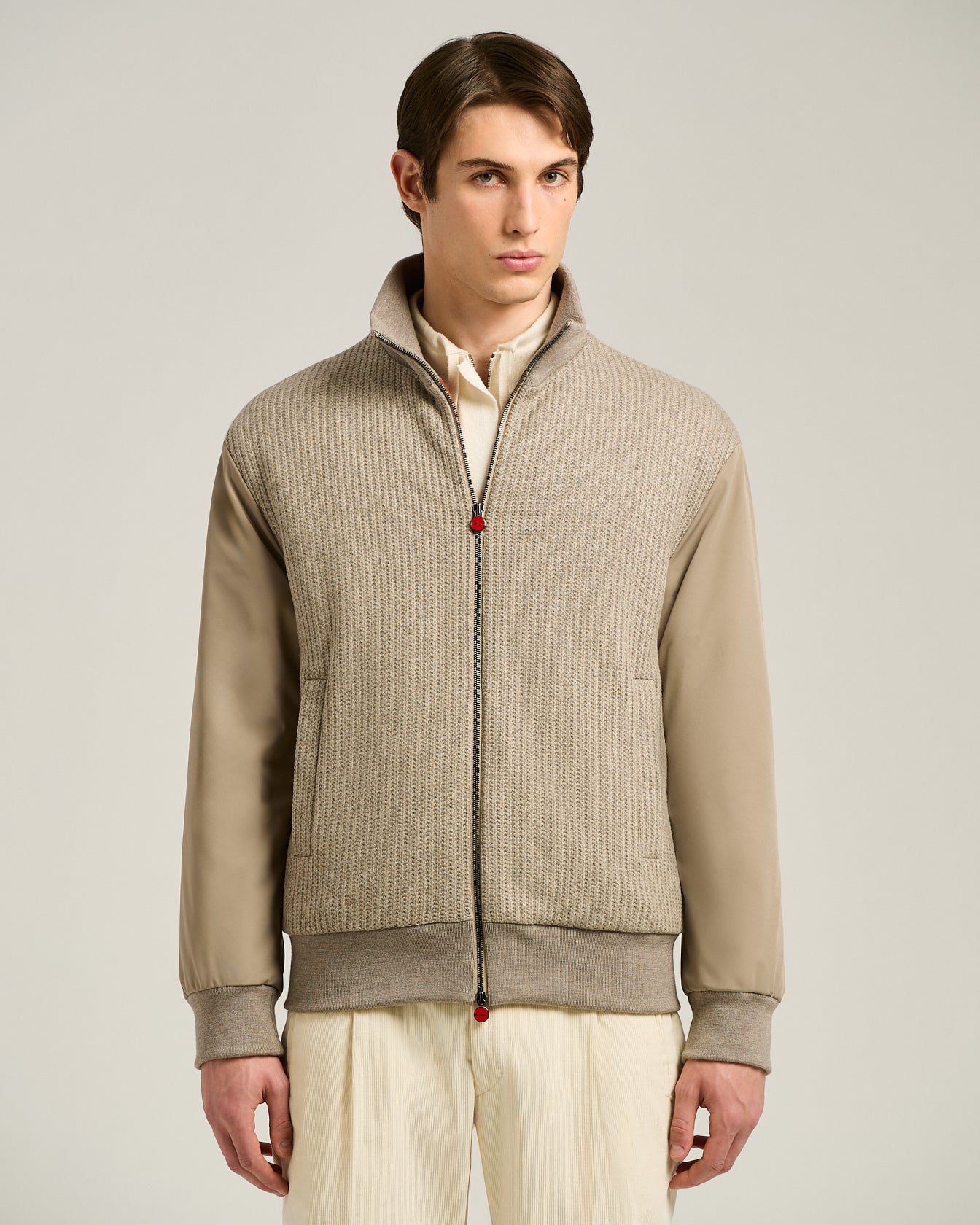 CASHMERE BLEND AND TECHNICAL FABRIC BOMBER JACKET