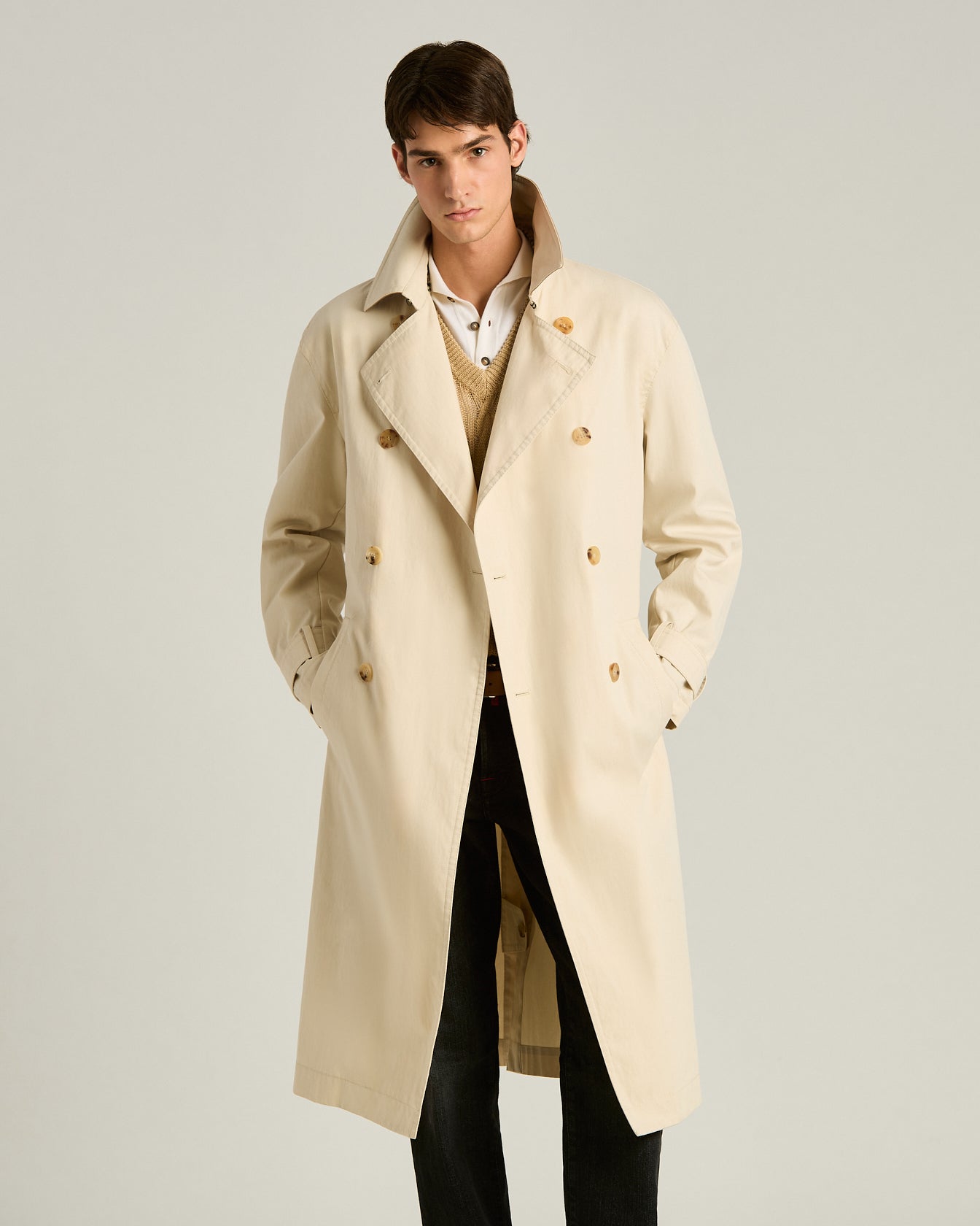 Men's beige technical double-breasted trench coat | Kiton