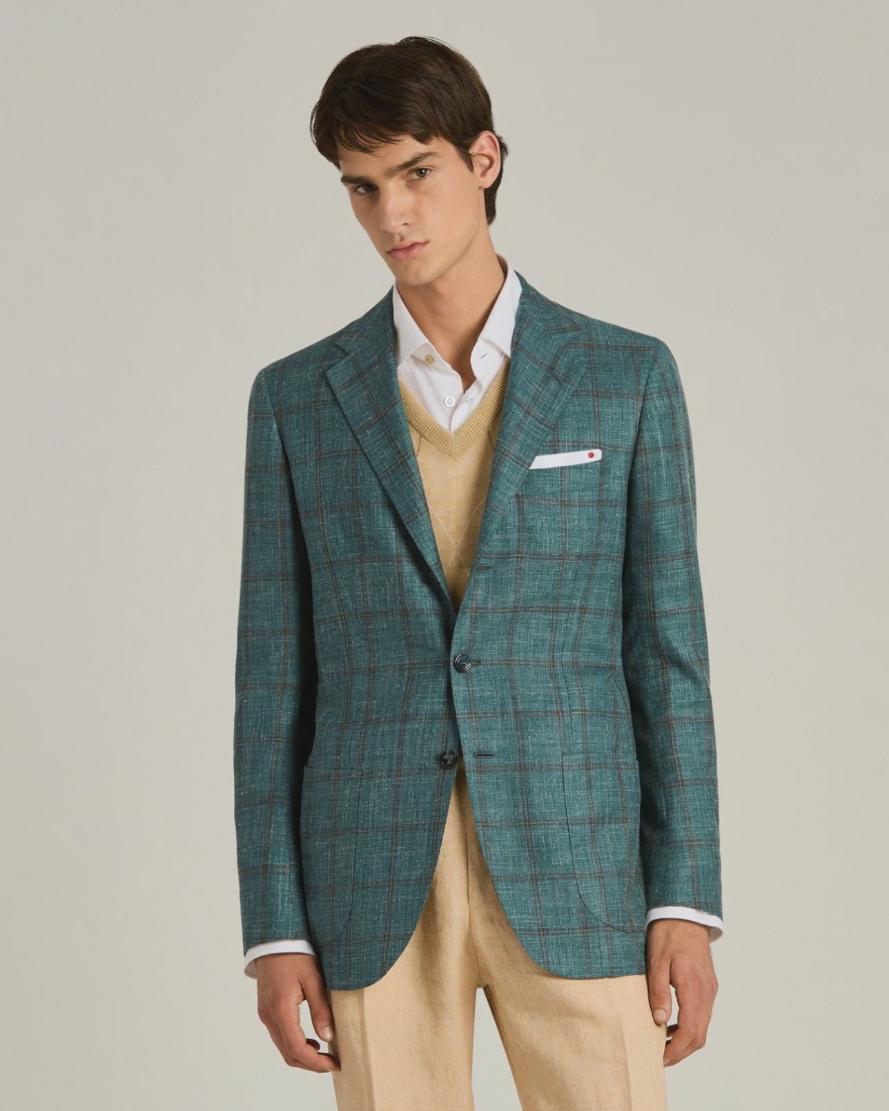 Men's cashmere, silk and linen checked green jacket | Kiton