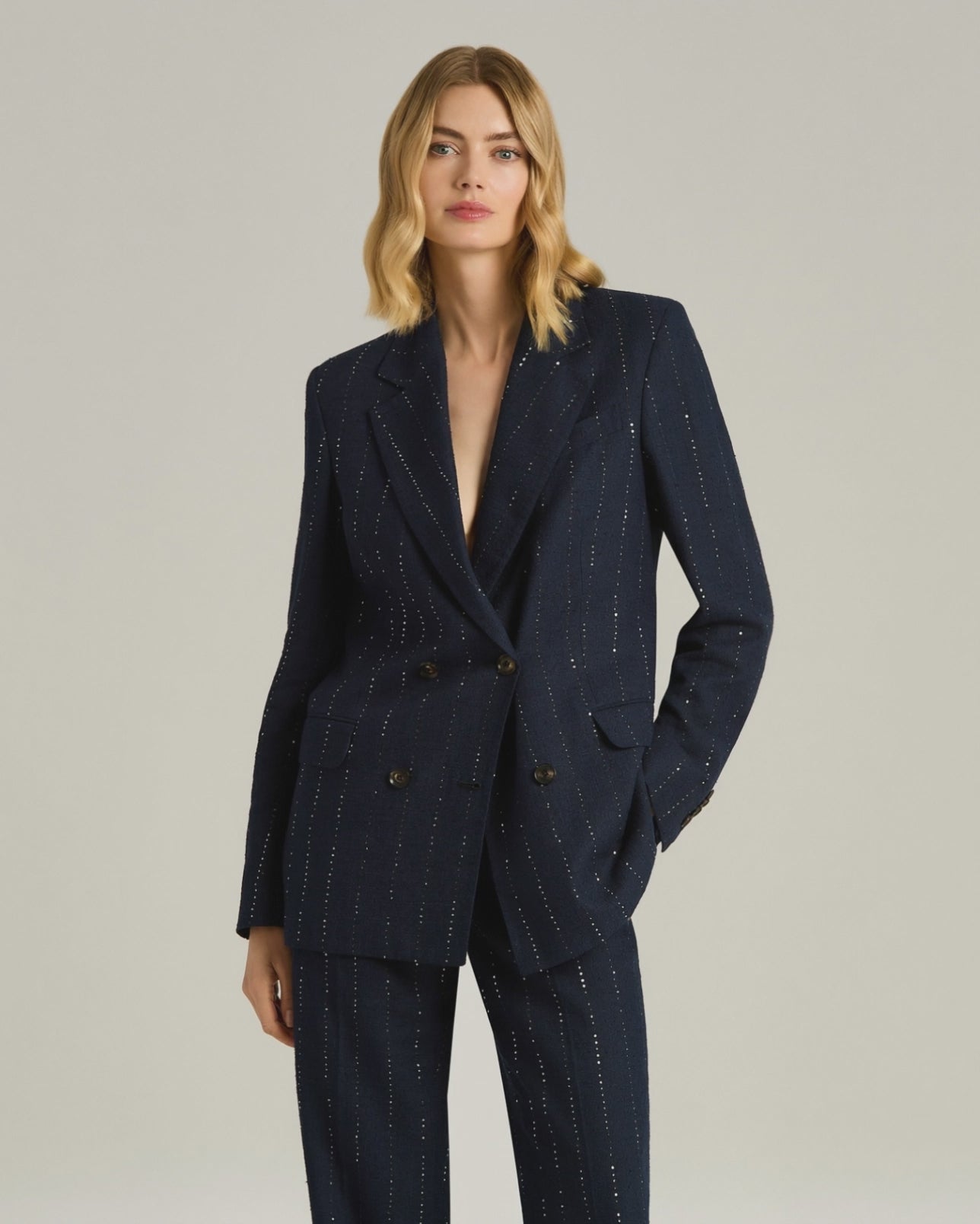 Linen, Wool And Silk Double-Breasted Jacket In Blue 6