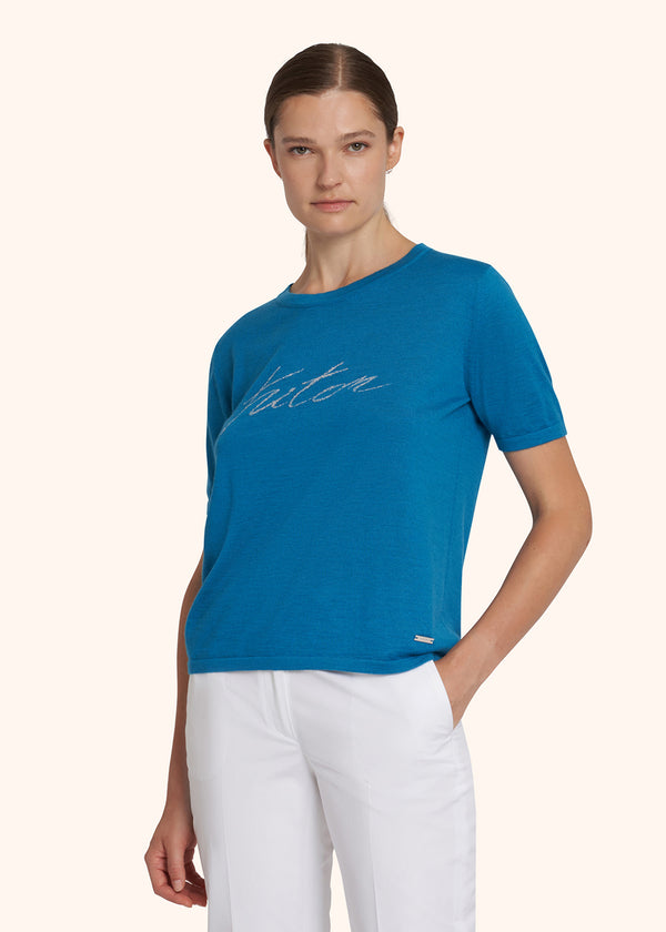 Kiton ocean blue/light grey jersey round neck for woman, made of cashmere - 2