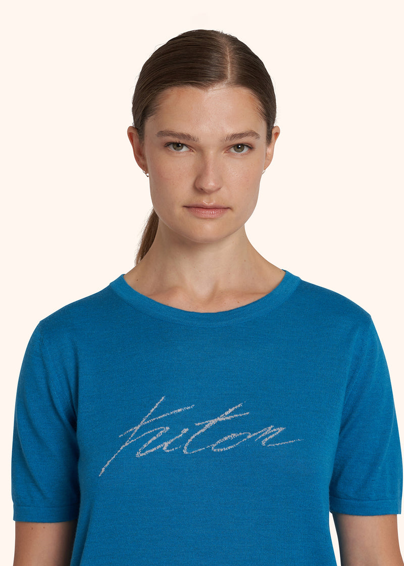 Kiton ocean blue/light grey jersey round neck for woman, made of cashmere - 4