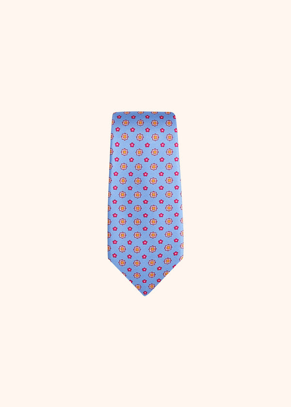 Kiton light blue, red, white and orange floral design tie for man, made of silk - 2