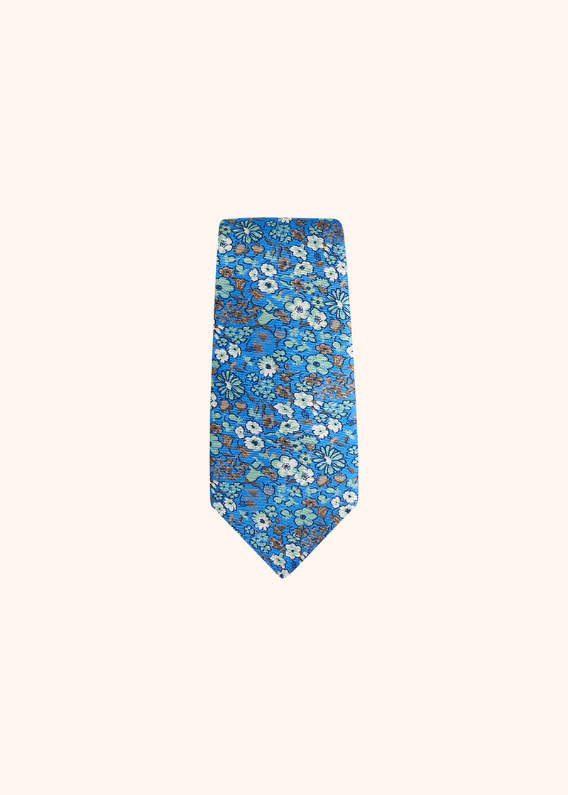 Kiton sky blue, beige, green and white floral design tie for man, made of silk - 2